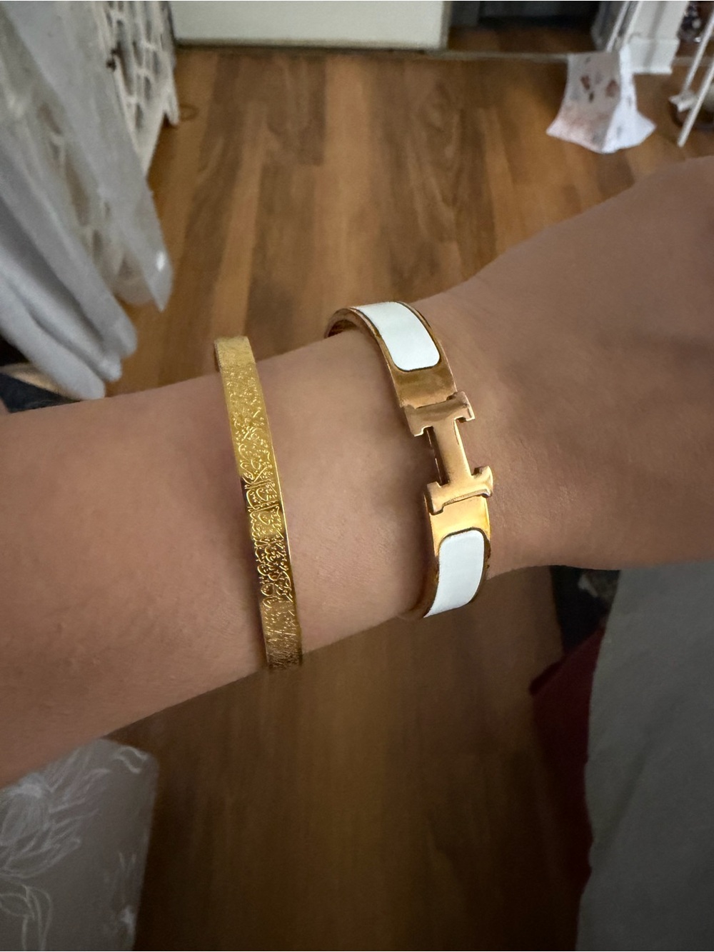 Gold and White Enamel H Bracelet - Designer Style Women's Bracelet